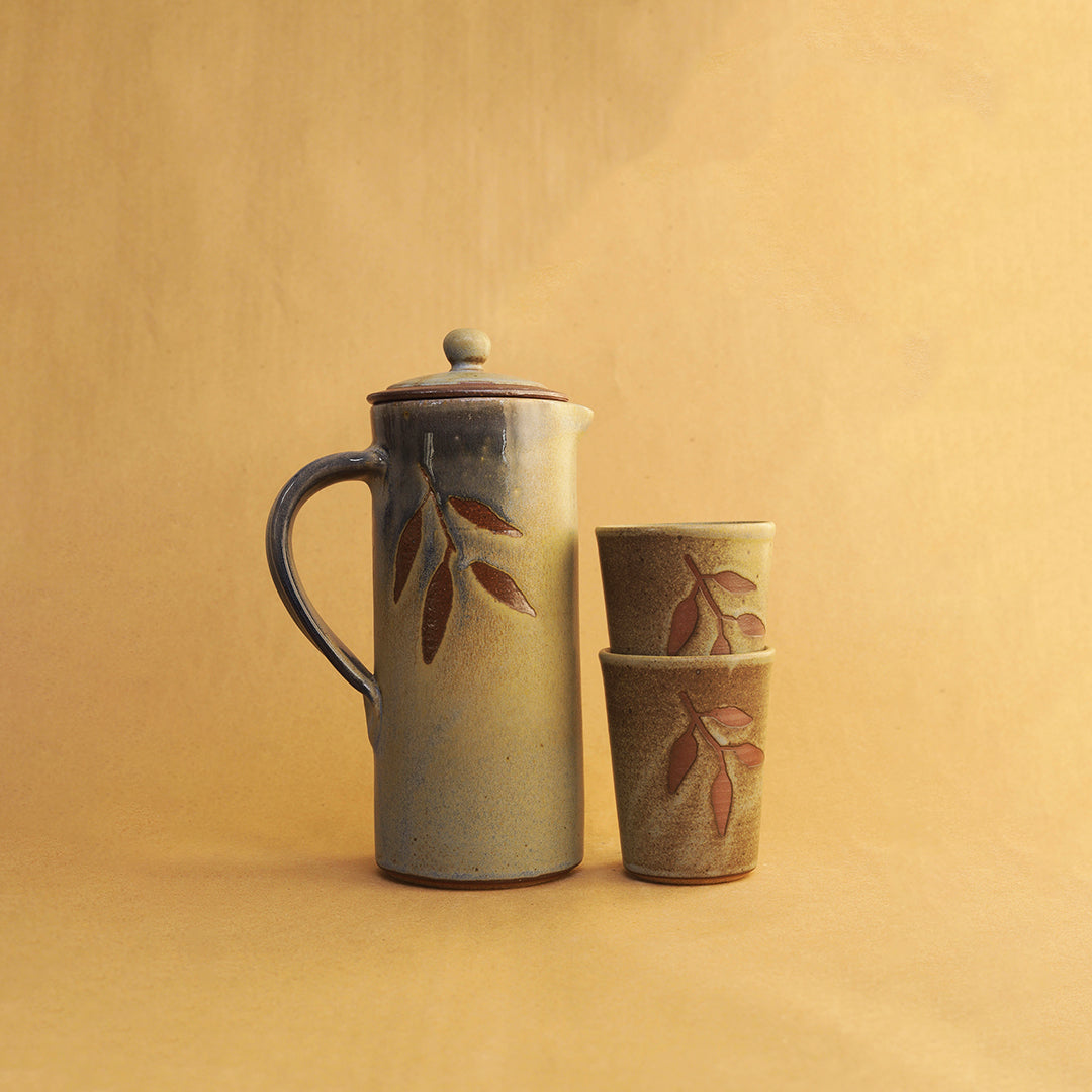 Jug - Foliage, Matte Blue | Ceramic Jug & glass set