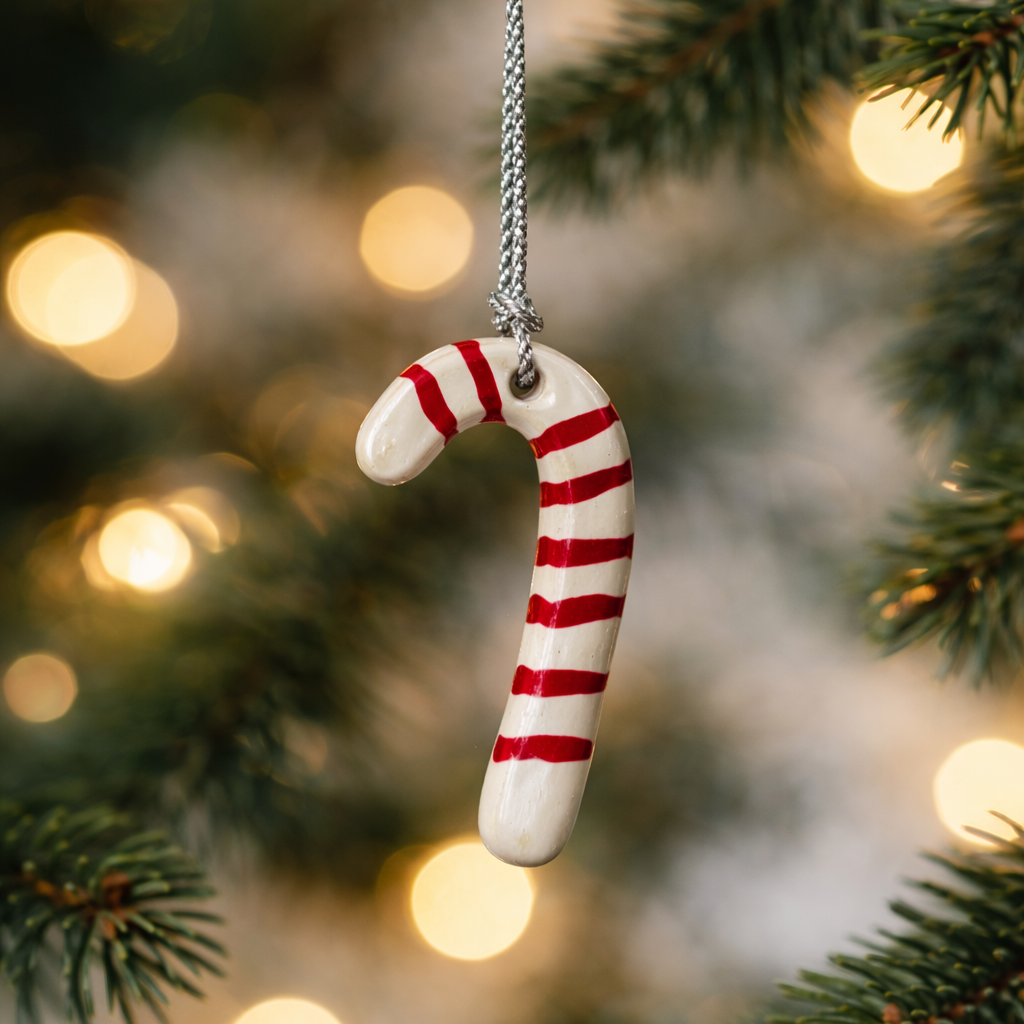 Christmas Tree Candy Cane Ornament - Ivory Red
