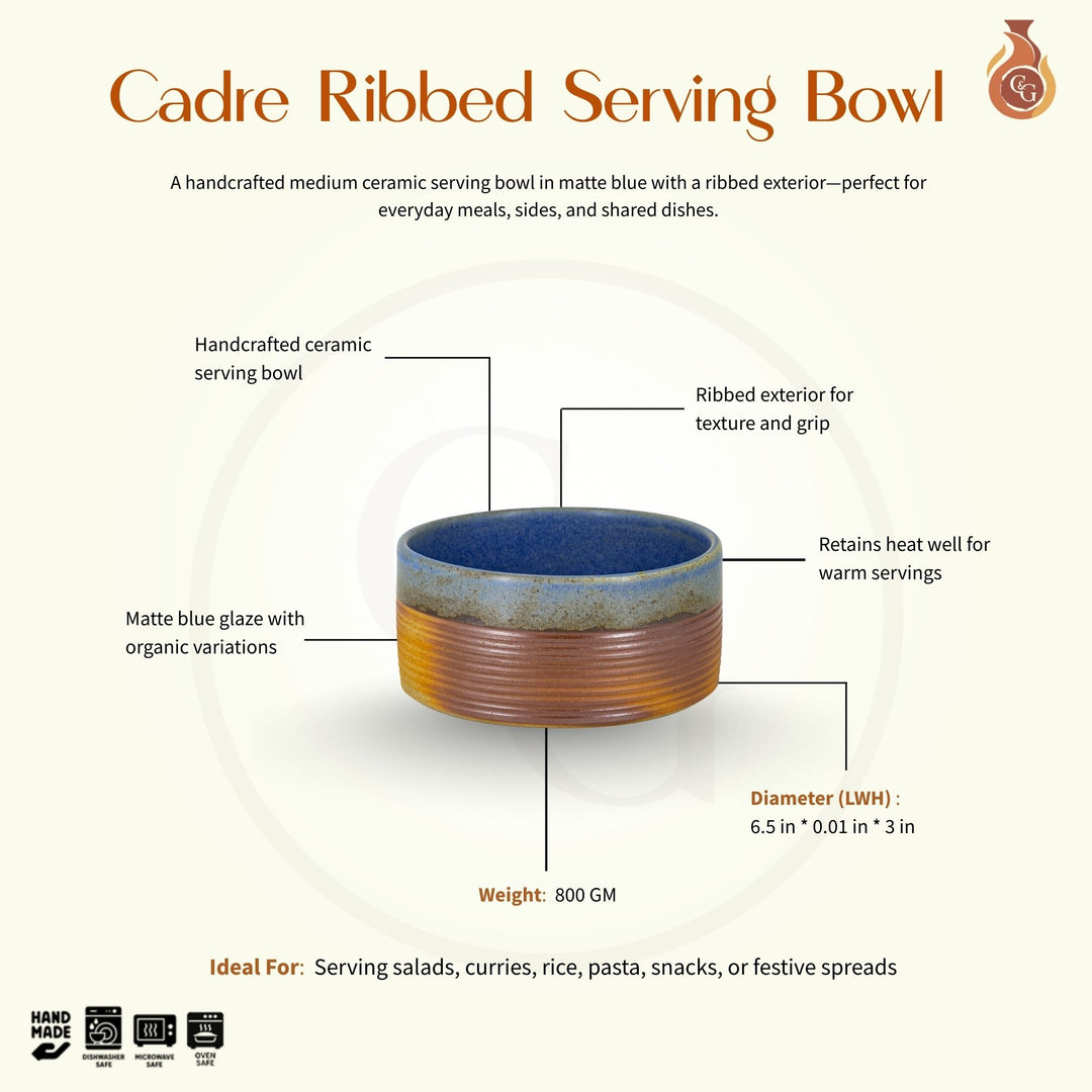 Cadre Ribbed Serving Bowl - Medium, Matte Blue